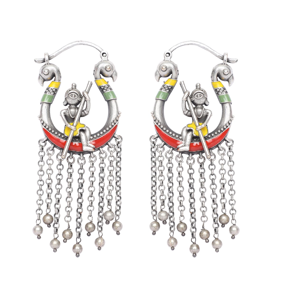 Silver Plated Tribal Style Peacock Chain Tassel Earrings, Chain earrings, tassel earring