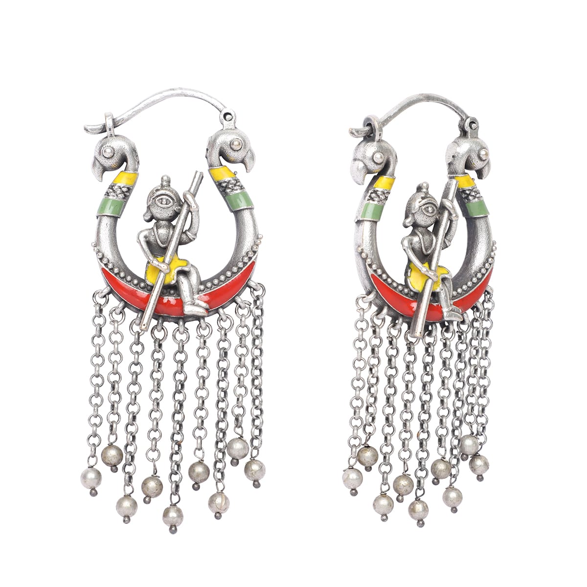Silver Plated Tribal Style Peacock Chain Tassel Earrings, Chain earrings, tassel earring