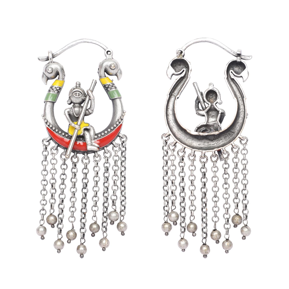 Silver Plated Tribal Style Peacock Chain Tassel Earrings, Chain earrings, tassel earring