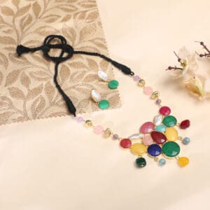 Gold Plated Multi Color Onyx Stone Studded Heavy Pendant Necklace Set