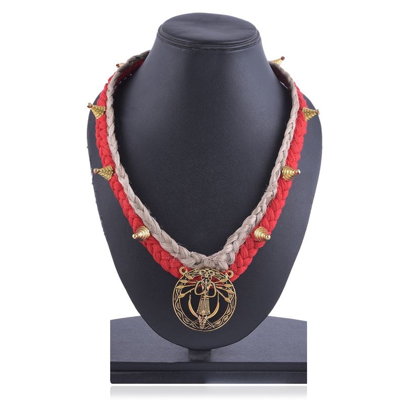 Dhokra Tribal Ethnic Red Thread And Jute Beads Adjustable Necklace