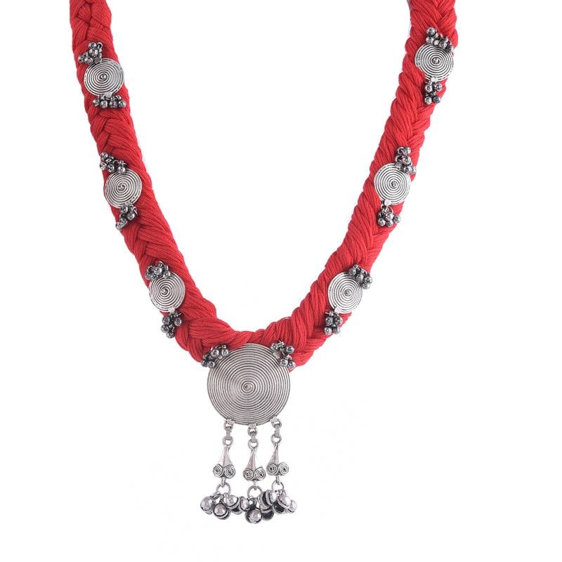 Thread earrings, German Silver Red Necklace, Necklace set, abstract design necklace, Thread necklace set