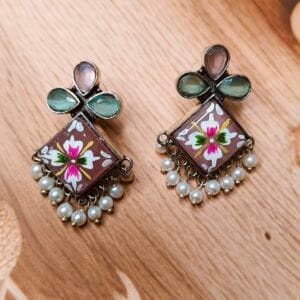 Hand painted earrings, Stone earrings, Silver plated earring, statement earrings, latest fashion earrings, drop earrings, stud tops, bead earrings lilac earrings, floral earrings