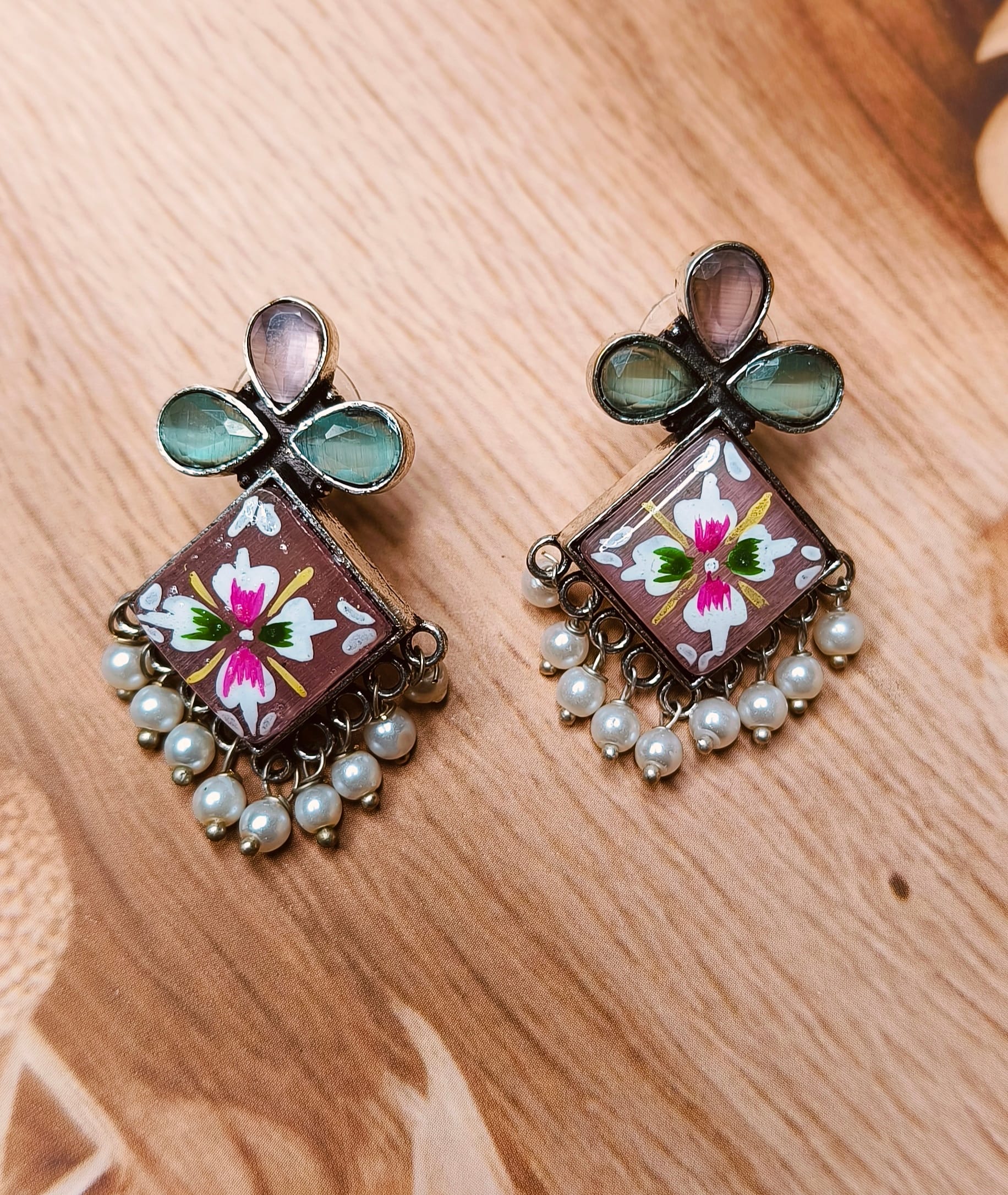 Hand painted earrings, Stone earrings, Silver plated earring, statement earrings, latest fashion earrings, drop earrings, stud tops, bead earrings lilac earrings, floral earrings