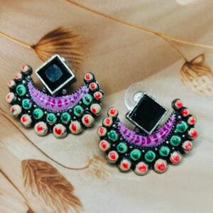 Boho Half Moon Hand Painted Stone Majestic Art Earrings - Black