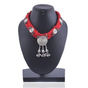 Thread earrings, German Silver Red Necklace, Necklace set, abstract design necklace, Thread necklace set