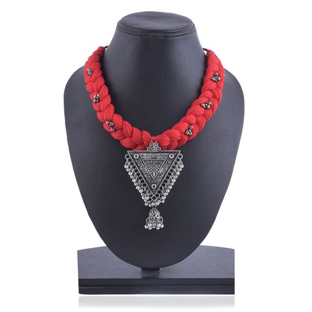 Thread earrings, German Silver Red Necklace, Necklace set, abstract design necklace, Thread necklace set